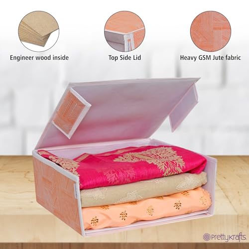 Image of PRETTY KRAFTS Stackable Fabric Saree Storage Organizer for wardrobe, Clear front window with Lid, Stackable organizers, Perfect to organize sarees in a wardrobe, Set of 12, Jute OrangeGrey