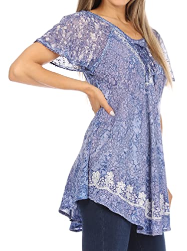Image of Sakkas Ash Speckled Tiedye Embroidered Cap Sleeve Blouse Top with Embroidery Hems