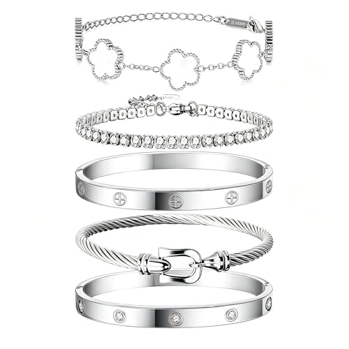 JINDETAI Stackable Silver Bracelets for Women - 3/4/5 Sets, Non-Tarnish Stainless Steel & Sterling Silver Trendy Stackable Bangle Jewelry Set, Gifts for Valentine's Day, Birthday, Prom and Christmas