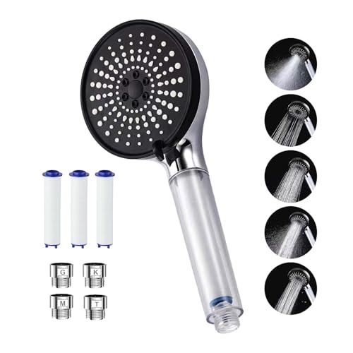塩素除去 シャワーヘッド ミスト マイクロナノバブル 5段階モード 専用カートリッジ 塩素 フィルター付き 増圧 節水 シャワー フェース 肌ケア 高洗浄力 毛穴 汚れ除去 美肌 美顔 美髪 美容 多機能 保温 うるおい アダプター付き (ブラック)