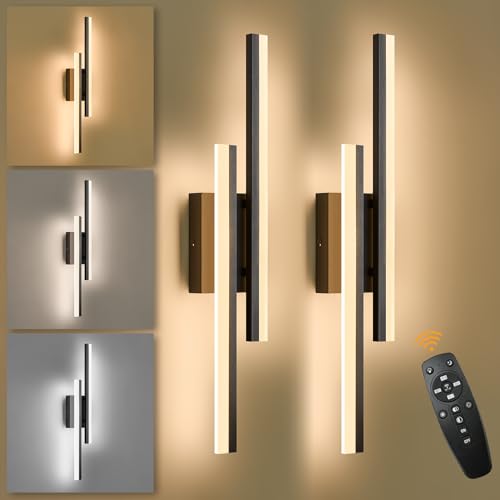 Image of LED Wall Sconce Set of 2 Black Remote Modern LED Vanity Lights Set of 2 Indoor Wall Light Fixtures for Living Room, Dimmable Wall Sconce for Bedside Bedroom Bathroom, L23.6inch 2 Pack