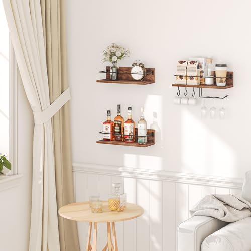 Image of HOOBRO Wall Mounted Wine Rack 3 Pack, Wine Shelf Hanging Floating Wall Shelves, Wine Glass Bottle Rack Stemware Holder, for Living Room, Dining Room, Kitchen, Rustic Brown and Black BF33BJ01