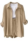 Yutdeng Conjunto Lino Mujer Conjunto de Verano 2 Piezas Traje Ligeros Pantalon y Blusa Manga Larga Pantalones Cortos Cintura Elastica Casual Ropa de Playa Conjunto Mujer Vestir Dos Piezas,Caqui,XL