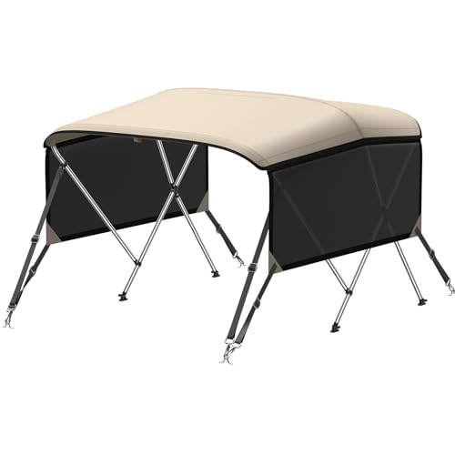 Image of KAKIT 3 4 Bow Bimini Tops with Mesh Sidewalls Support Poles for Boats Marine Grade Canvas Top Includes 2 Straps Storage Boot 1 Inch Aluminum Frame