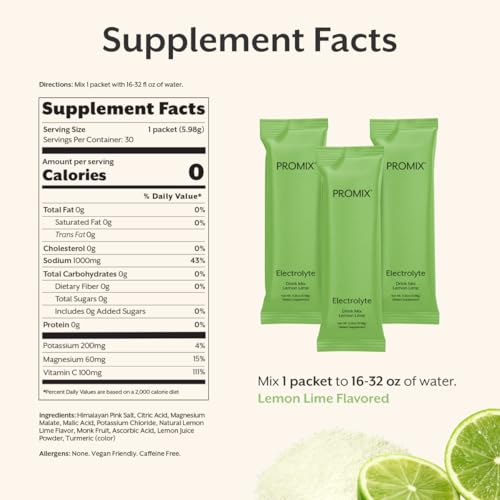 Image of ProMix Nutrition Electrolytes Powder Hydration Packets - Himalayan Pink Salt, Magnesium, Potassium, Vitamin C - Lemon Lime, Lightly Sweetened - 30 Servings (Pack of 30)
