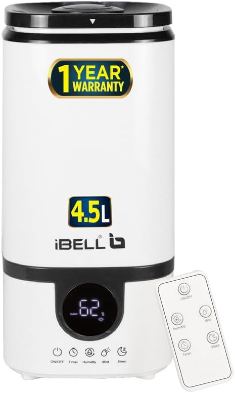 IBELL HU450RB Humidifier with Cool Mist & Remote Control, 4.5 liter, for Home, Office, Bedroom, Baby Room, Low Water Indicator (White)