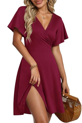AUSELILY Summer Dress for Women - Lady Wrap Ruffle Short Sleeve V Neck Floral Beach Cross Front Dress Wine Red M
