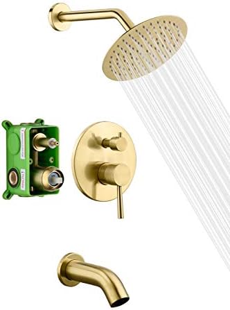 sumerain Shower and Tub Faucet Set Brushed Gold Rain Shower Faucet with Tub Spout, 8" Shower Head, High Flow