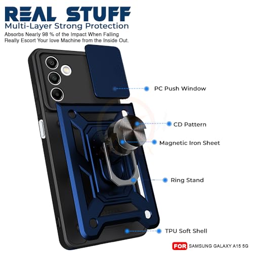 Image of Armor Bumper Back Cover Case for Samsung A15 Rotating Camera Cover, Ring Holder & Kickstand | Heavy Duty & 360 Degree Protection Samsung A15 Back Cover (Blue)