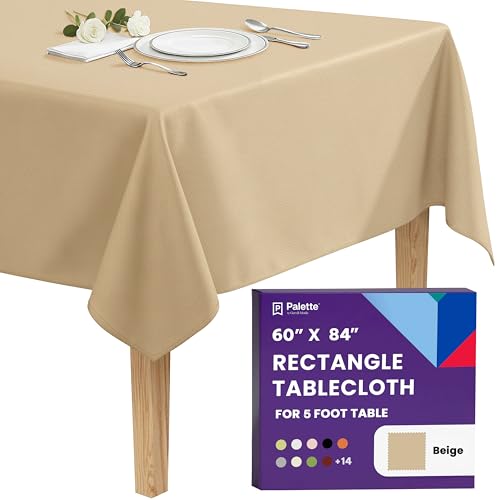 Image of Gee Di Moda Rectangle Tablecloth - 60 x 84 Inch Beige Table Cloth for 5 Foot Rectangle Tables - Heavy Duty Washable Fabric - for Holiday Party, Dinner, Weddings, Baby Shower & Events