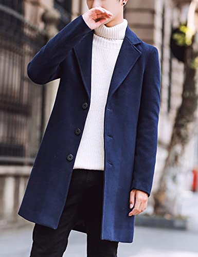 Springrain Men's Wool Blend Pea Coat Notched Collar Single Breasted Overcoat Warm Winter Trench Coat(Navy-M)