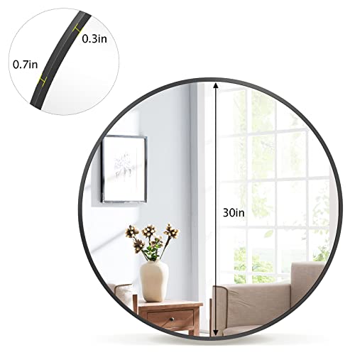 Image of VooBang Round Mirror 28 inch Black Wall Mounted Circle Mirrors Vanity Mirror with Aluminum Alloy Frame Modern Decoration for Bathroom, Living Room, Vanity, Bedroom, Entryway