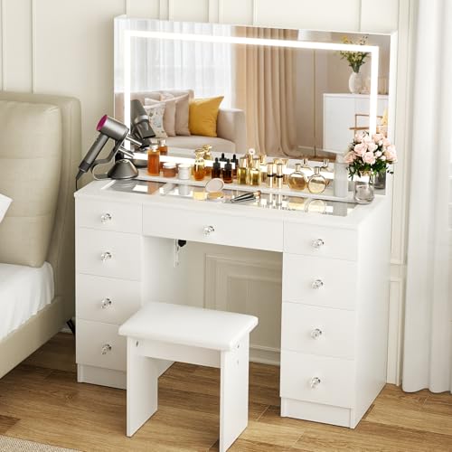 VOWNER Vanity with Lighted Mirror - Glass Top Makeup Desk with Power Outlet and 9 Drawers, 3 Color Lighting Modes Adjustable Brightness, 43