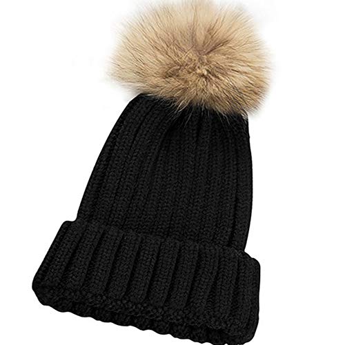 Gorro de lana para mujer Pingenaneer, diseño de pompones., De punto, negro, Size:fit for head circumference: 56-58cm