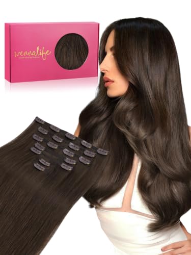WENNALIFE Clip in Hair Extensions Real Human Hair, 16 Inch 160g 7pcs Chocolate Brown Fuller Hair Extensions Remy Hair Clip Ins, Soft Blendable Reusable &amp; Heat Friendly for Volume and Length