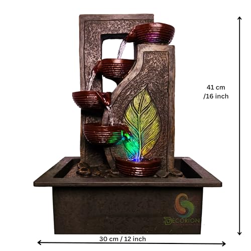Image of Four Steps Leaf Diya Decorative Table Top Water Fountain for Home Decor /Office /Indoor & Outdoor /Garden /Puja Room /Vaastu with Multicolor LED Light and Adjustable Water Pump