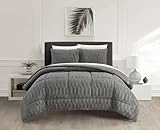 Chic Home Pacifica 3 Piece Comforter Set Textured Geometric Pattern Faux Rabbit Fur Micro-Mink Backing Bedding - Pillow Shams Included, Queen, Grey
