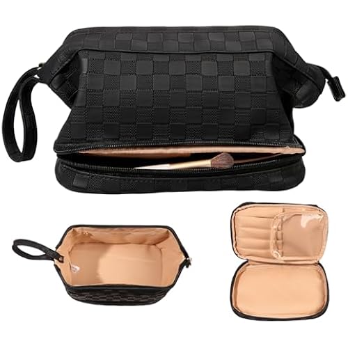 Abiudeng Large Capacity Makeup Bag Ladies Cosmetic Bag Travel Bag with Compartments Portable PU Leather Travel Makeup Bag with Handle