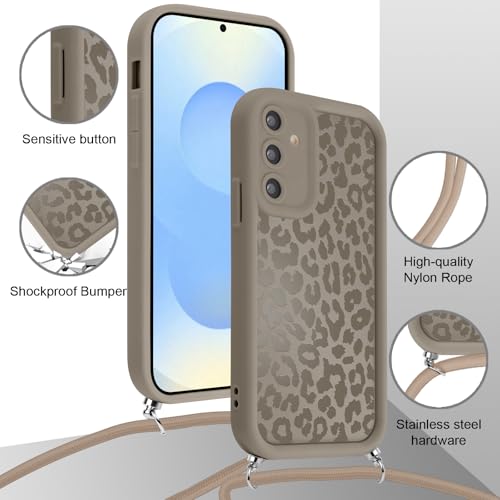 Xylota Handyband für Samsung Galaxy S25 5G Hülle mit Band, Silikon Aesthetic Leopard Muster Design Handyhülle mit Kette Kordel Schlüsselband, Schutzhülle für Samsung S25 5G 6,2’’ zum Umhängen, Braun