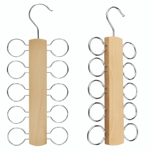 LMSAWK 2 PCS carf Hanger Wooden, Scarf Holder for Closet Organizer and Storage, Tie Hanger Scarf Rack, Space Saving Hangers with 10 Loops for All Scarves, Ties, Belts (Wood Color)