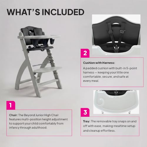 Image of Abiie Beyond Junior Wooden High Chair for Babies and Toddlers - Convertible 3-in-1 Baby Highchair with Removable Tray - 6 Months to 250 Lb - Water Resistant - Misty Grey Wood /Black Pearl Cushion