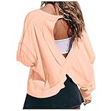 Workout-Tops mit offenem Rücken für Frauen, Baggy, langärmelig, sportliches T-Shirt, rückenfrei, Rundhalsausschnitt, Fitnessstudio, Laufen, Yoga, bauchfreie Tops Shirt Damen Sexy Elegant (Red, XXL)