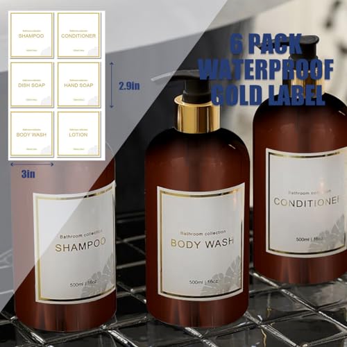 Image of Akalin 16oz Shampoo and Conditioner Dispenser, Set of 3 Shampoo Bottles Refillable with Pump, 3 Shampoo and Conditioner Bottles, Shower Bottles Refillable with 6 Waterproof Labels (Brown)