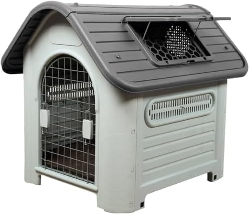 KIEHUA 犬小屋 屋外 プラスチック製 オールシーズン万能 防雨 大型犬小屋 犬用ケージ 夏 取り外して洗える 中型犬 大型犬 天窓付き ドア付き 換気 軽量 全天候型 オールシーズン 洗える サビない 組み立て簡単 (グレー)