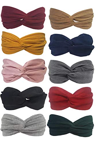 NwleiZ 10 Pack Headbands for Women Knotted Boho Stretchy Hair Bands for Girls Criss Cross Turban Plain Headwrap Vintage Hair Accessories,for Daily Hair Fashion or Sports, Yoga, Solid Color