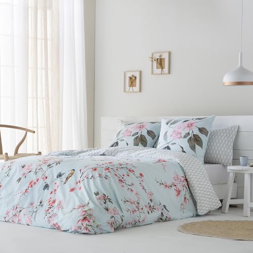 Funda Nórdica Sakura algodón percal 180 Hilos Reversible Funda de edredón para Cama de 150 (240x220 cm) +2 Fundas de Almohada (45 X 85 cm) Color Azul Turquesa