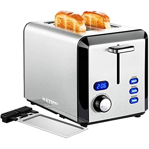 Toaster 2 Slice, KETIAN Wide Slot Toaster Stainless Steel, Countdown Timer, Cancel Reheat Defrost Function, 6 Browning Settings, Removable Crumb Tray,800W Cover