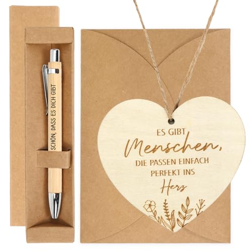MorLuks Geschenk Freundin Kugelschreiber mit Gravur + Holzkarte Herzform Wie schön dass es Dich gibt Dankeschön Geschenk für Geburtstag Jahrestag Hochzeit