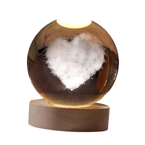 perfk Luce notturna a LED con sfera di vetro 3D con base in legno a LED Lampada da tavolo con display a forma di cuore Decorativa bianca calda per bambini, Diametro 6 cm