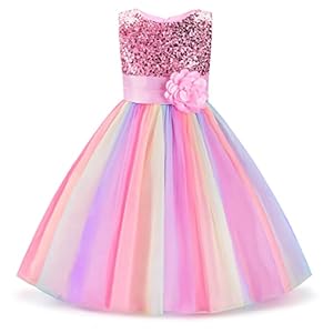 Uhnice Little Girl’s Sequin Sleeveless Mesh Rainbow Dress for Wedding Party
