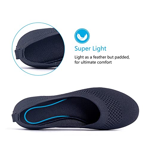 Women's Ballet Flats Slip On Knit Dress Shoes Pumps Shoes Round Toe Navy - Image 3