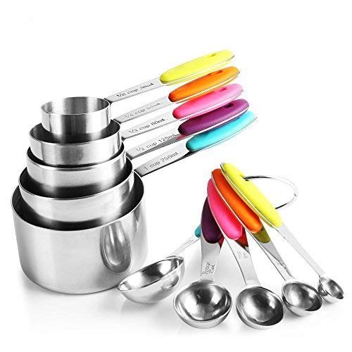 zanmini Stainless Steel Measuring Cups and Spoons Set of 10, 5 Measuring Cups and 5 Measuring Spoons with Colored Silicone Handles, Kitchen Gadgets Tool for Cooking & Baking