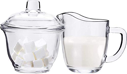 Glass Sugar Bowl with Lid and Creamer Dispenser Set for Coffee and Tea Clear Creamer Jug Sugar Jar Coffee Serving Set 3 pc set
