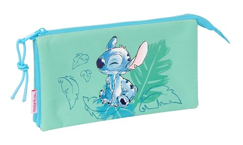 Stitch Aloha - Portatodo Triple, Estuche Infantil, Estuche Niño, Ideal para Niños en Edad Escolar, Cómodo y Versátil, Calidad y Resistencia, 22x3x12 cm, Color Turquesa