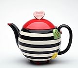 Fine Ceramic Hand Painted Black Striped Happy Heart True Love Round Shape Teapot, 7' L