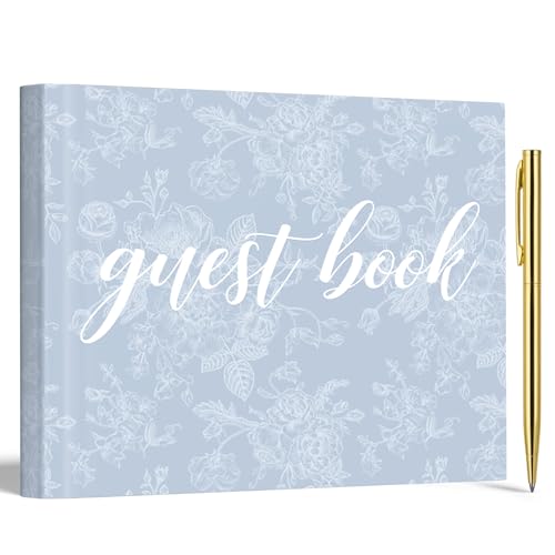 Image of Engrowtic 7 x 9 Inch Floral Guest Book with Pen, Hardcover, Blue