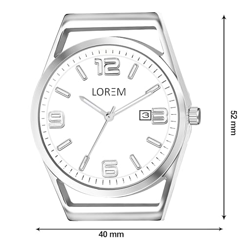 Image of LOREM Men's Stainless Steel Watch, Black Round Dial, Silver Band, Date Display, Quartz Movement