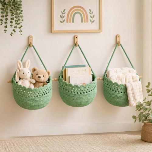 Image of Honeydak 3 Hanging Baskets, Sage Green, Lace, Cotton Rope