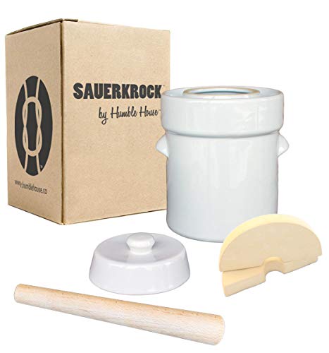 Humble House SAUERKROCK Fermentation Crock with Glazed Weights and Cabbage Tamper - 5 Liter (1.3 Gallon) German-Style Water Sealed Jar in Natural White for Fermenting Sauerkaut, Kimchi, Pickles