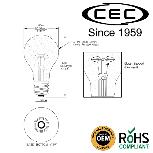 CEC Industries TS100 A19 Frosted Incandescent Replacement Edison Bulb, Silicone-Coated, 130V, 100W, E26 Medium Screw Base, Soft White (6-Pack) - Thumbnail 2