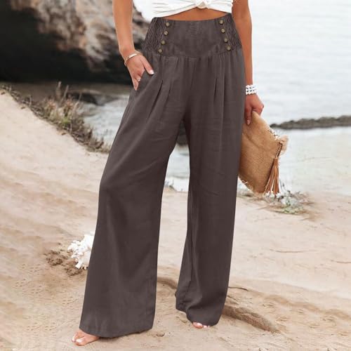 Women's Wide Leg Pants High Waist Linen Trousers Solid Elastic Waist Slim Fit Pants with Pockets Loose Lounge Pants2