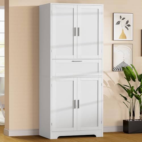 Quimoo-67-Tall-Storage-Cabinet-Pantry-Cabinet-with-2-Adjustable-Shelves-1-Large-Drawer-Tall-Bathroom-Cabinet-Freestanding-Cupboard-for-Dining-Room-Living-Room-Home-Office-White Quimoo 67 Tall Storage Cabinet Pantry Cabinet with 2 Adjustable Shelves 1 Large Drawer Tall Bathroom Cabinet Freestanding Cupboard for Dining Room Living Room Home Office White