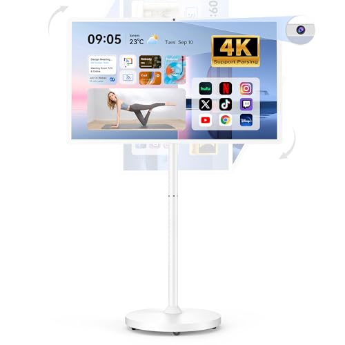 Image of Bisprico 32 inch Portable Smart TV on Wheels, Qualcomm CPU, EDLA-Certified, Built-in 22000mAh Battery, 16+128GB, Android 14 OS Rolling Tablet TV, Full Swivel Rotation, Remote Control, 13MP Webcam