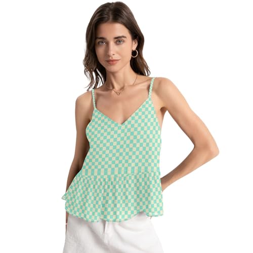 voucong Yellow-Green Checkerboard Chiffon Noodles Strap Basic Camisoles Plus Size Deep V Neck Dressy Loose Vest Blouse XL Summer