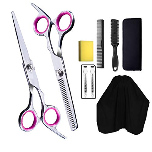 JERKKY u00a0Friseur Scheren Kit, 9 Stück Friseur Schere Kit Schneiden Ausdünnende Schere Haar Rasiermesser Kamm Clips Cape für professionelle Friseursalon Home Use Pink