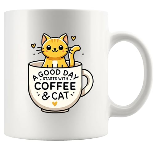 Taza de cerámica blanca Panvola con diseño de gato 11 oz miniatura 1